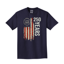 Load image into Gallery viewer, 250 Years Distressed Flag — Garment-Dyed Tee  ·  Color: Navy
