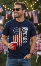 Load image into Gallery viewer, 250 Years Distressed Flag — Garment-Dyed Tee  ·  Color: Navy
